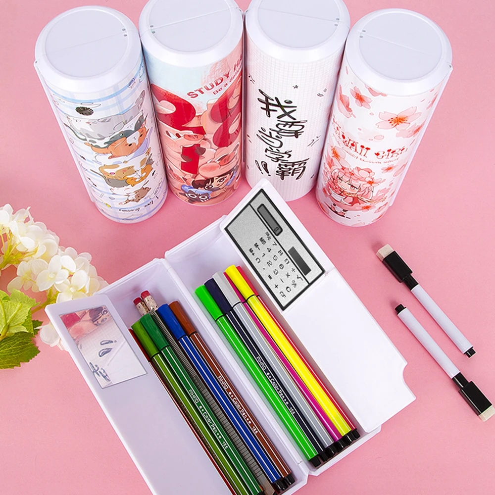 

Dropshipping 2019 NEW Creative Whiteboard Pencil Case with Solar Calculator Magnetic Switch Kawai Cartoon Pen Box Schooll