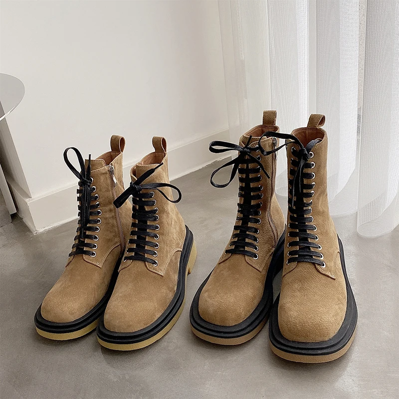 

Cosplay style nubuck real leather round toe ankle boots lace-up black brown medium heel chunky motorcycle boots women's shoes
