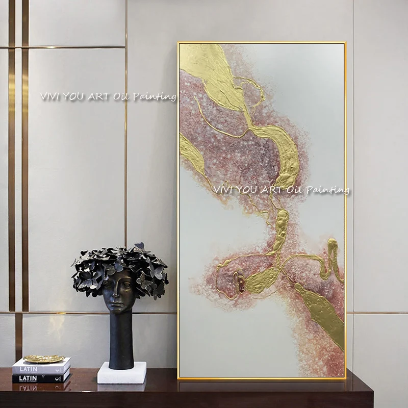 

The Modern Wall Art Canvas Handpainted Cuadro White Pink Golden Shadow Red Abstract Painting Wall Picture for Home Decorations