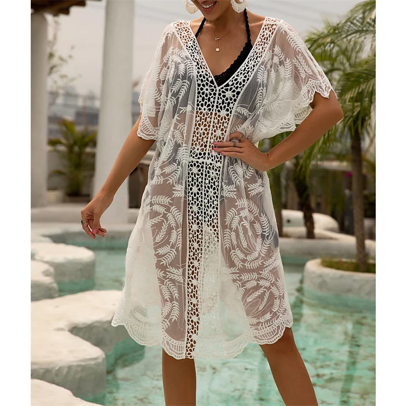 

Women's Hollow Out Beach Dress, Sexy Short Sleeve Sheer Crochet Swimsuit Cover Up Dress