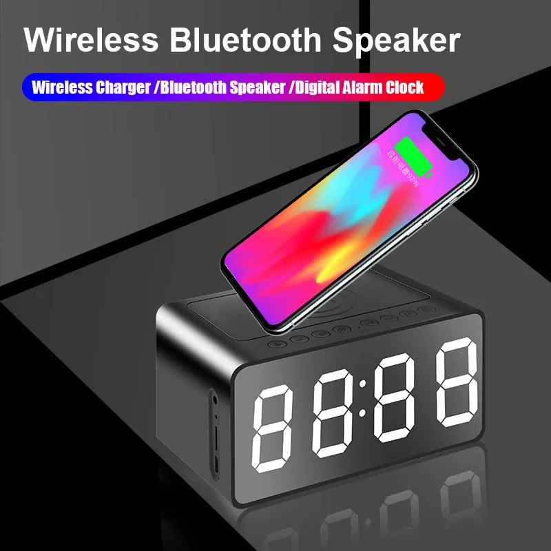 

Беспроводное зарядное устройство 3 в 1, Bluetooth-динамик, светодиодный умный цифровой будильник, звуковая коробка, настольное беспроводное быст...