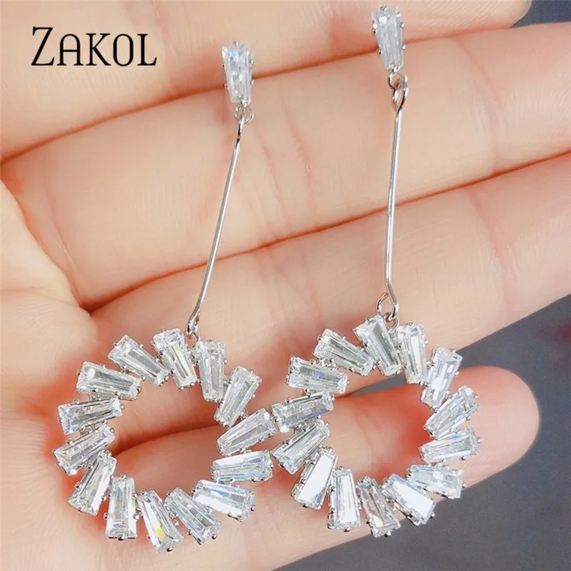 ZAKOL New Arrival Fashion Baguette CZ Zircon Round Circle Dangle Earrings for Women Bridal Wedding Jewelry Accessories AAEP042