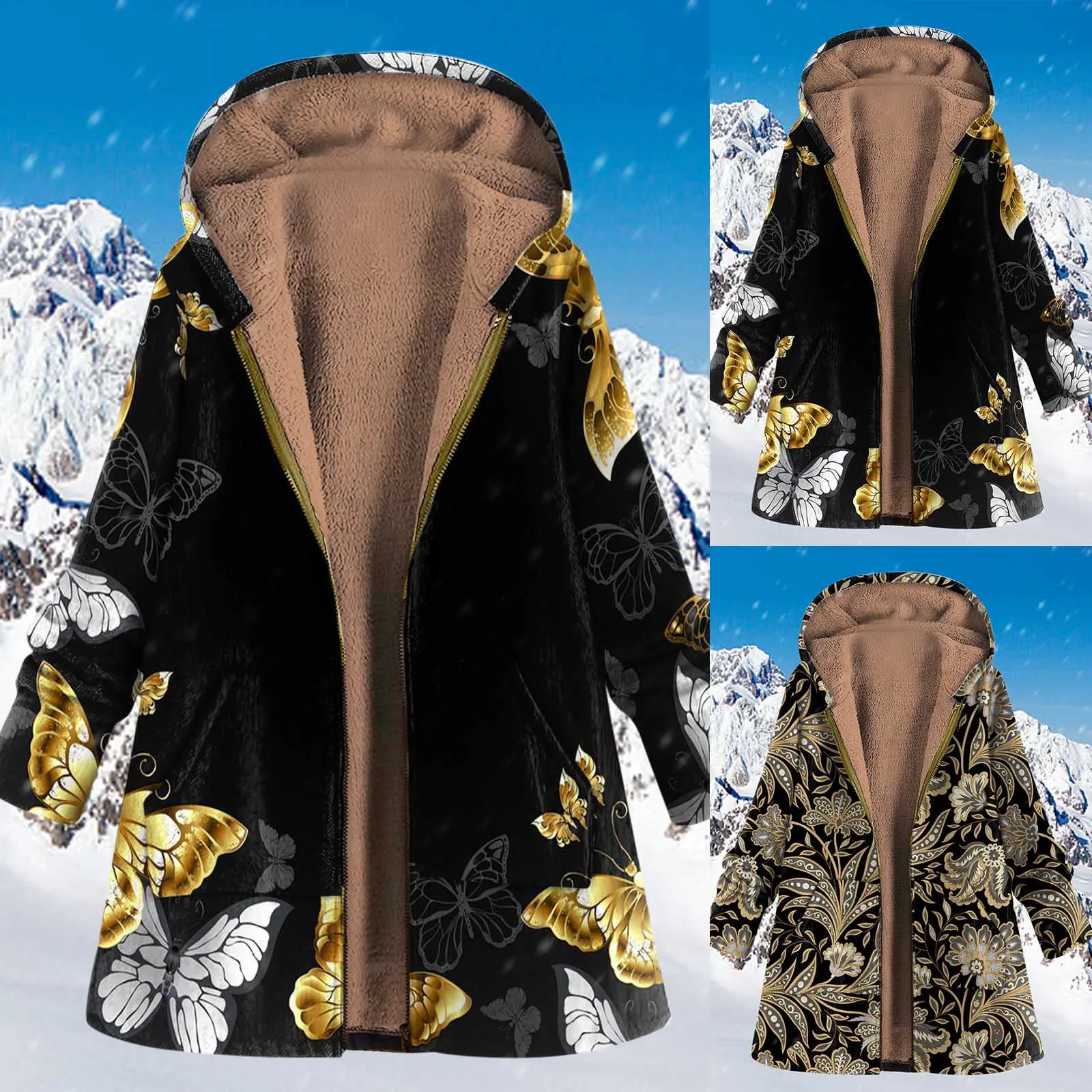 

Jacket Woman Winter 2021 Leisure Vintage Printed Hooded Plush Jacket Plus Fleece Jacket Coat Floral Printed Zipper Outwear T6
