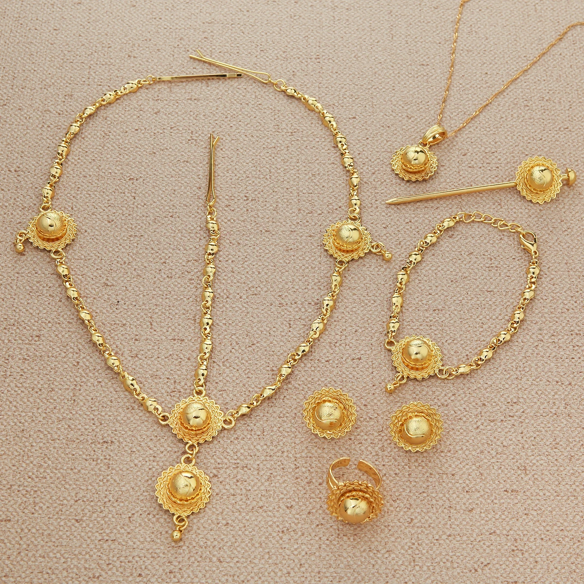 Ethiopian Gold Color Necklace Pendant Earrings Ring Hairpin Bracelet Hair Sudan Eritrea Christian Jewelry | Украшения и