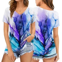 new arrival oil painting tie dye t shirt women t shirt short sleeve v neck loose women tshirt summer floral tops clothes