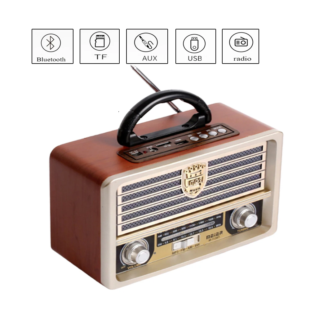 

Цифровое FM-радио, многофункциональный MP3-плеер, Портативный ретро динамик с ручкой Деревянный радиоприемник, bluetooth, поддержка TF-карты/USB-входа