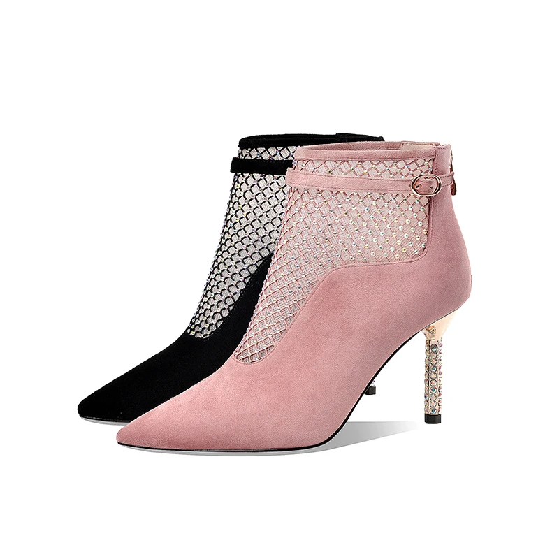 

ISNOM Suede Ankle Boots for Women Shoes Crystal Mesh Booties High Heels Shoes Woman Stiletto Heel Boots Ladies Shoes Leather