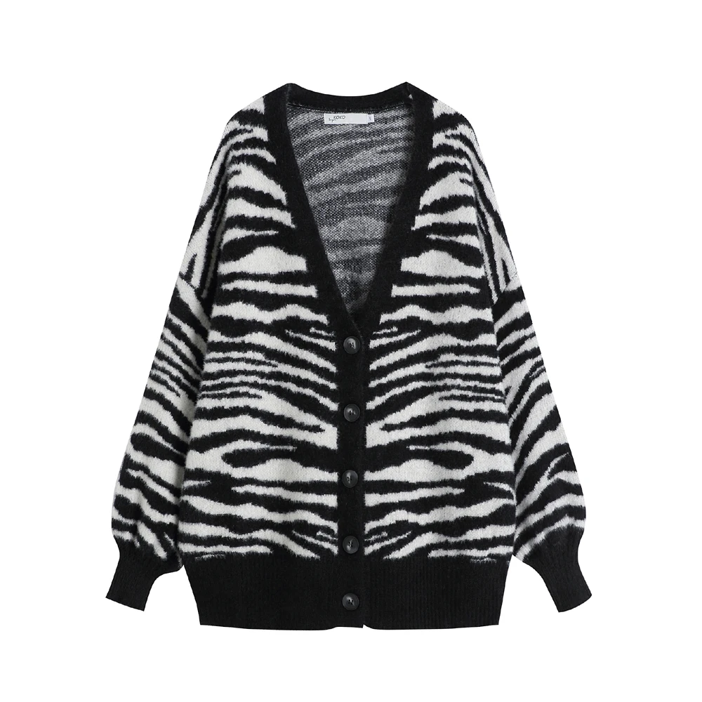 Плотный свитер кардиган женская новая зимняя полосатая Свободная кофта с V