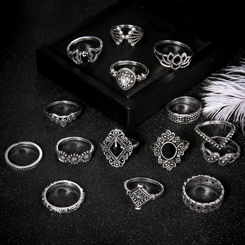

15 Pcs/Set Women Vintage Alloy Hollow out Midi Joint Finger Rings Set Knuckle Ring Jewelry Gifts for Female Girls