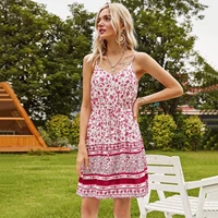 spring summer 2021 ladies casual vacation style chic dress high waist print spaghetti strap v neck sexy womens dress