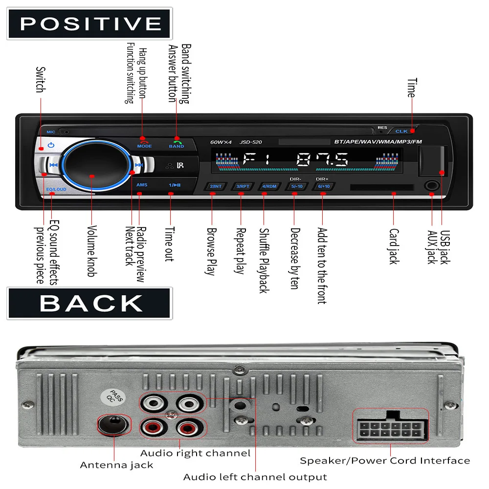 Автомагнитола JSD520 цифровой стереопроигрыватель с Bluetooth MP3 FM радио 60 Вт х 4 вход