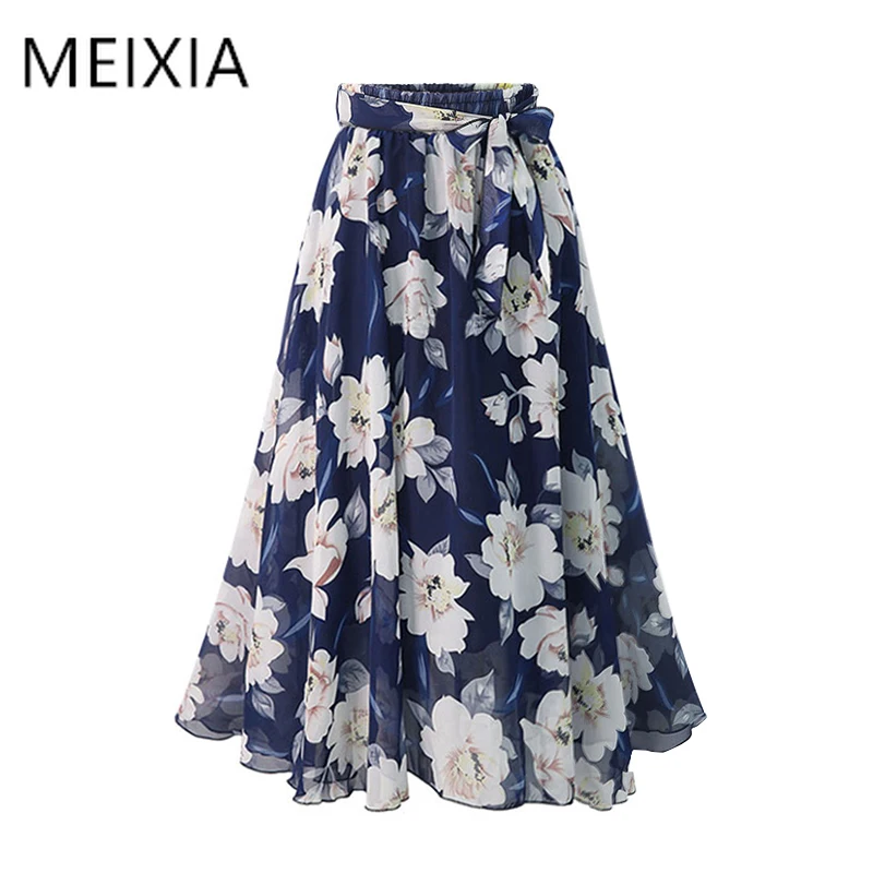 

MEIXIA Summer Autumn Casual Skirt Women Polyester Print Floral High waist Belt Bow A-Line Skirt Plus Size Beach Style Skirts