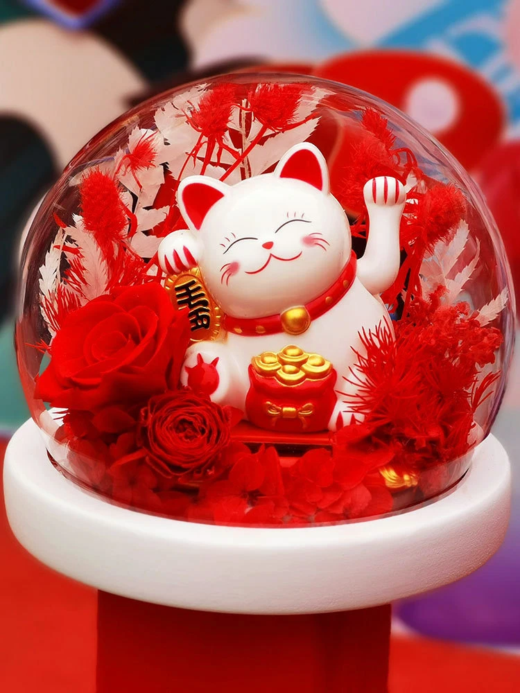 

FengShui Cat Good Luck Eternal Flower Glass Cover Preserved Rose Flower For Wedding Home Party Decoration Valentine'S Day Gift