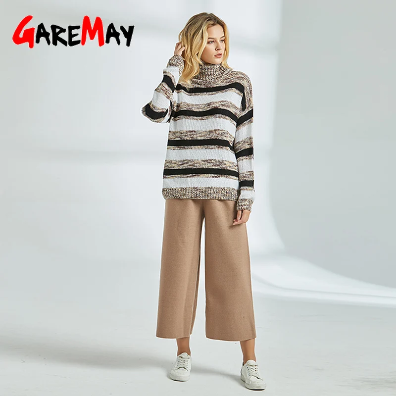 Женский свитер с длинным рукавом и высоким воротником свободный в полоску