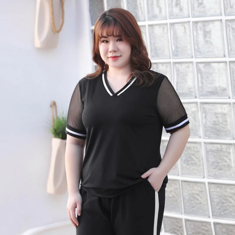 New summer plus size sports suits for women short sleeve loose black T-shirt and capri pants training suit sets 3XL 4XL 5XL 6XL |