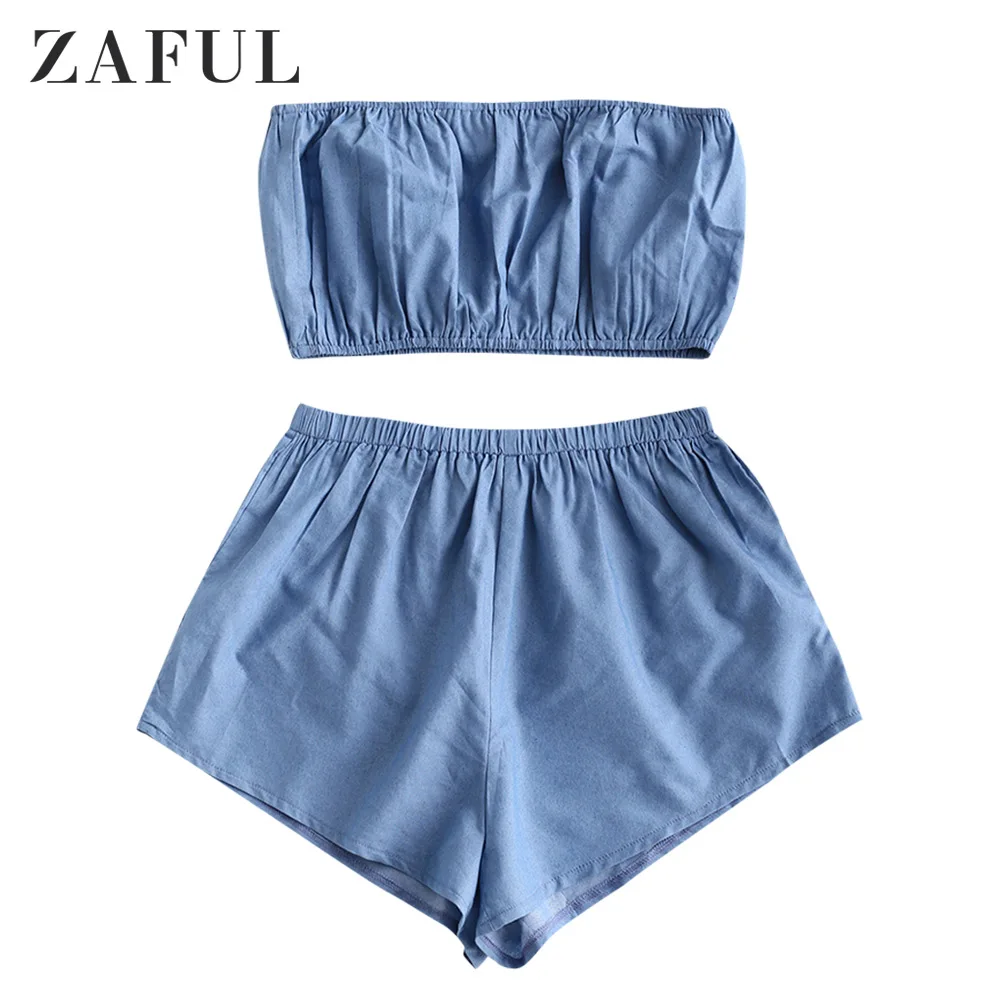 ZAFUL Модный Топ без бретелек и шорты с высокой талией комплект из двух предметов