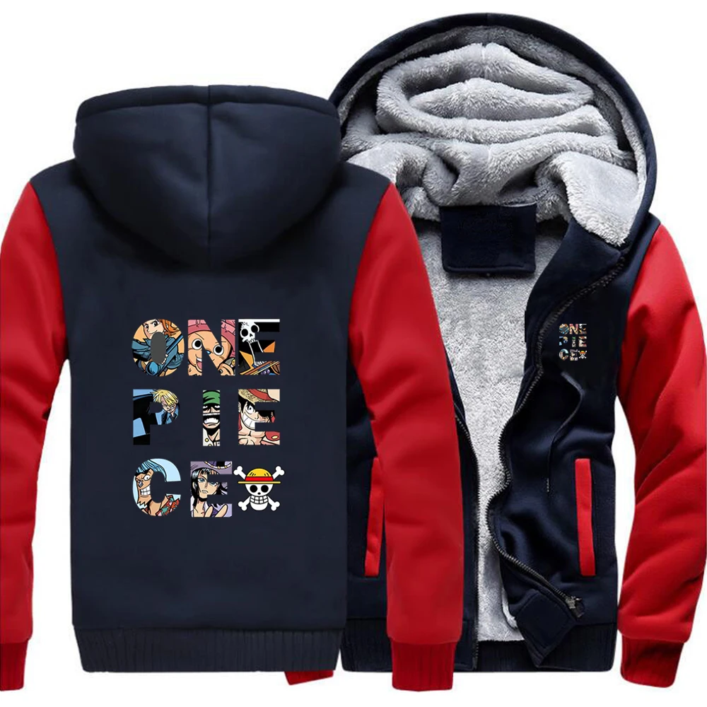 

One Piece Japanese Anime Luffy Ace Casual Outdoor Hoodies Coat Men Printed Street Sweatshirt Winter Warm Thick Fitted Jackets