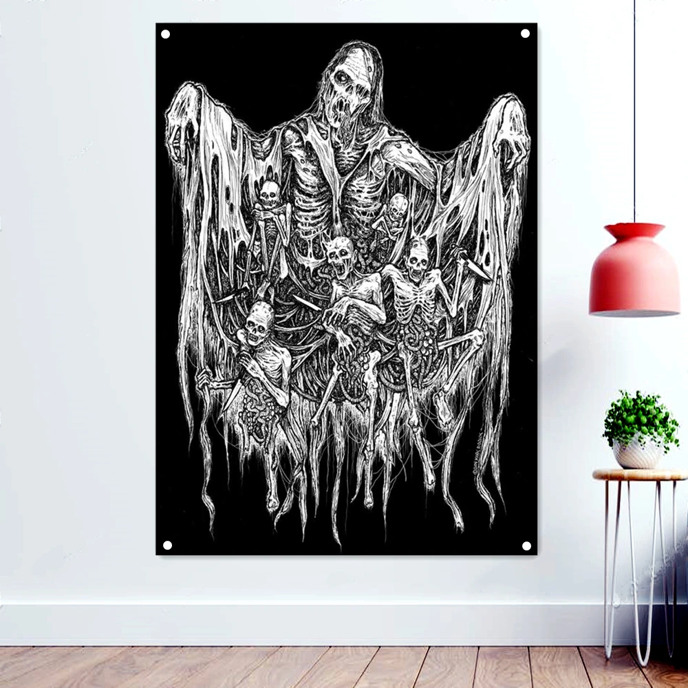 

Hell Demon Scary Bloody Flags Tapestry Dark Art Poster Banner Wall Painting Black/White Skull Wallpaper Bar Cafe Home Decoration