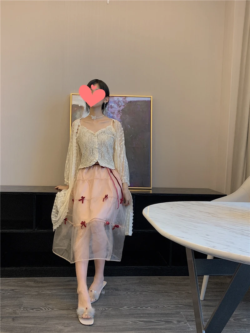 

WOMENGAGA High Waist Organza Skirts A-line 2021 Summer Mesh Lace New Bow Soft Fairy Skirt Korean Sweet Girl Female F8LV