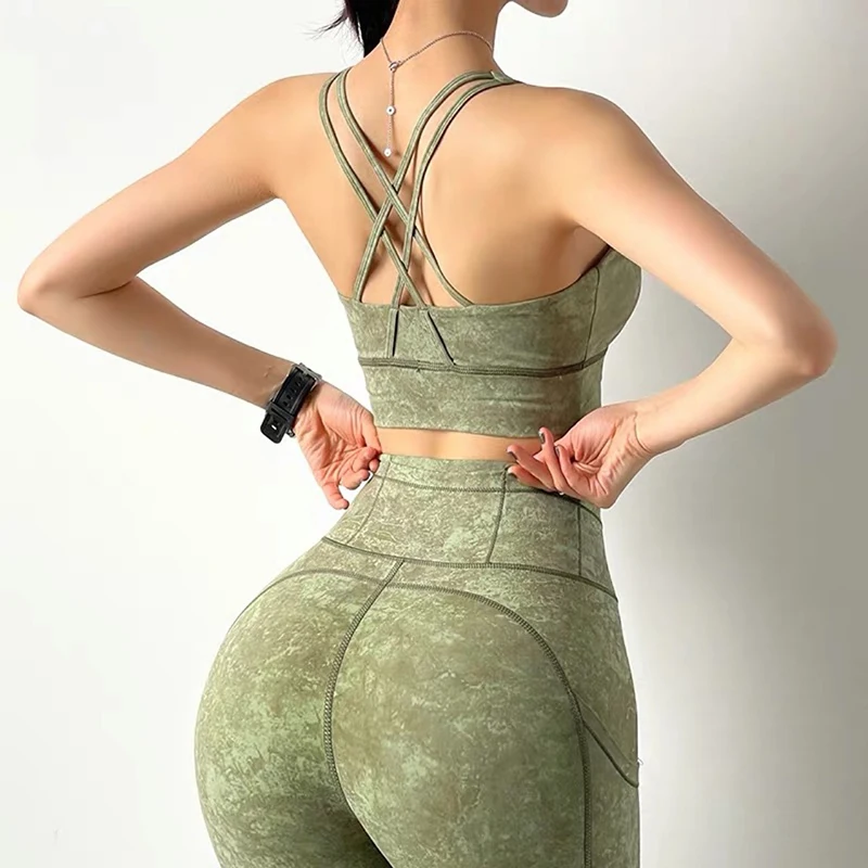 

NORMOV Fitness Bras Women Workout Backless Strapless Push Up Cross Underwear Skinny Tie Dye Printed Bras Mujer