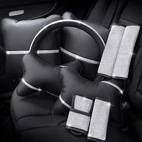 rhinestones leather car pillows set seatbelt shifter handbrake cover steering wheel covers headrest back cushion case