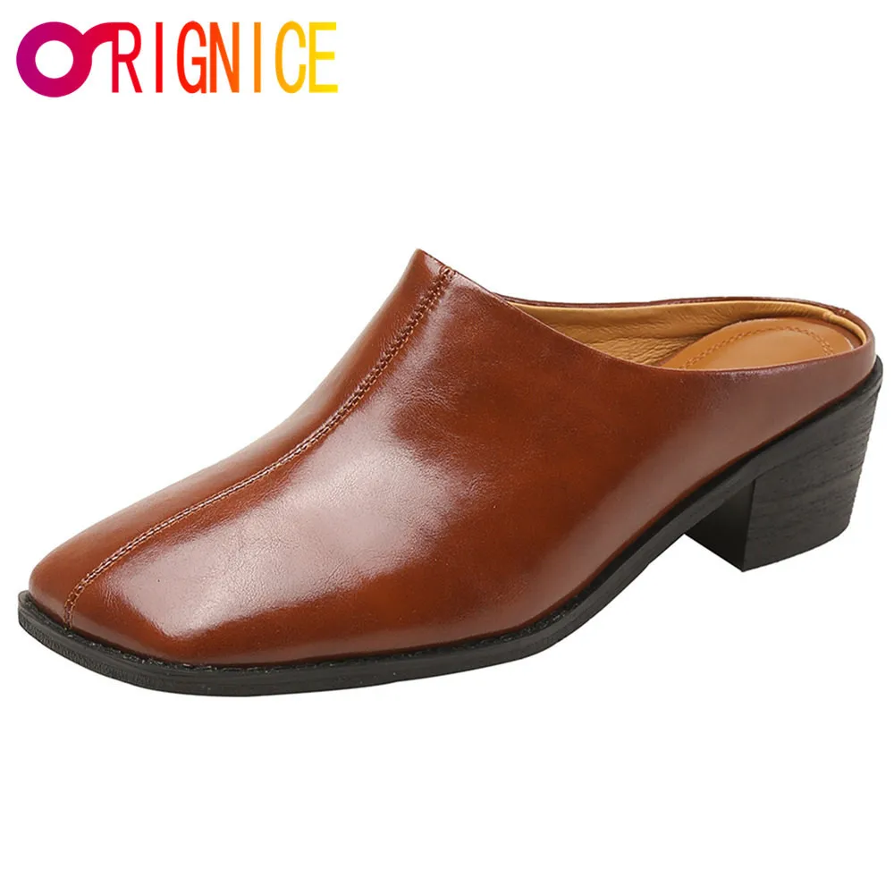 

Orignice Concise Genuine Leather New Fashion Female Slippers Classic Design Chunky High Heels Sandals Square Toe Casual Shoes