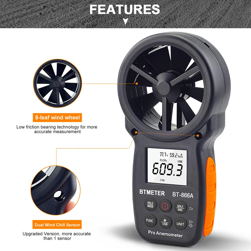 Портативный анемометр BTMETER CFM цифровой измеритель скорости ветра влажности