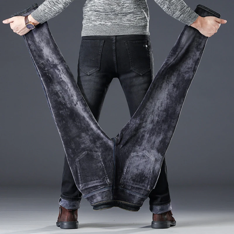 

2020 winter new Men's thermal slim jeans Business fashion thick denim stretch men's fleece pants Men's black and gray 28-40