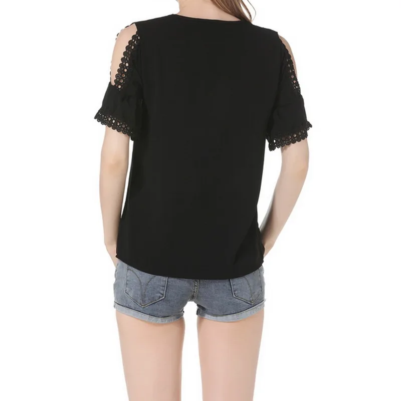 

2021 Women Sexy Lace Off Shoulder Chiffon Summer Fashion Elegant Clothes Tops V-neck Short Sleeve Solid Shirt