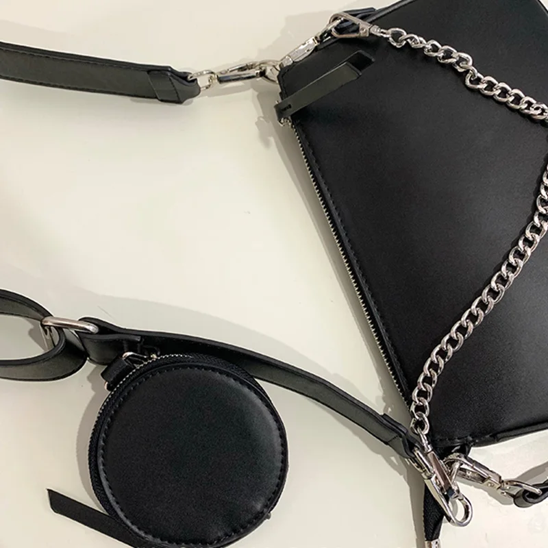 

2pcs Black Shoulder Bag Women PU Leather Crossbody Bag Casual Baguette Bags Female Designer Handbag Fashion Girls Purse