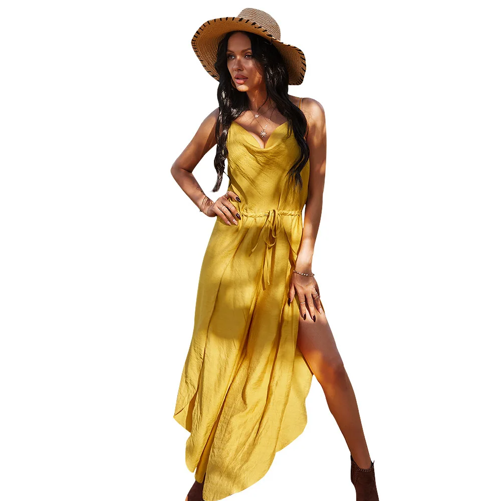 

Sexy Boho Solid Women Dress Strapless Sleeveless Yellow Lace Up Summer Dress Casual Split Holiday Beach Long Vestidos