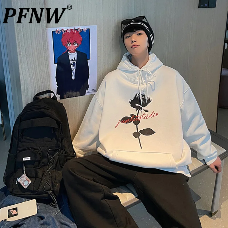 

PFNW 2021 Autumn New Couple Sweater Men's Trends Rose Flower Hoodies Tops Back Dark Kangaroo Pocket High Street Pullover 12X0722