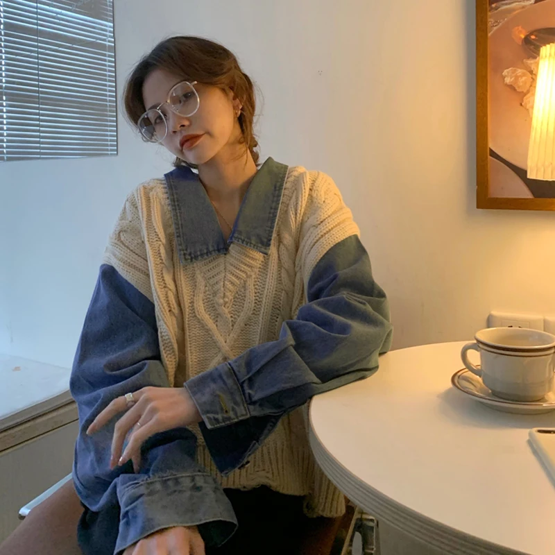 

2021 New Spring Autumn Korean Version Lazy Retro Loose Fake Two Knitted Women Sweaters Pullovers Tops Patchwork