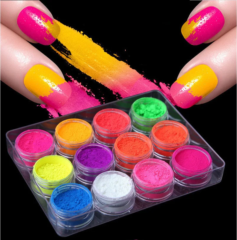 12 Boxes Neon Pigment Powder Set Fluorescent Nail Powder Shinny Ombre Chrome Iridescent Dust DIY Gel Polish For Nails Art Decor