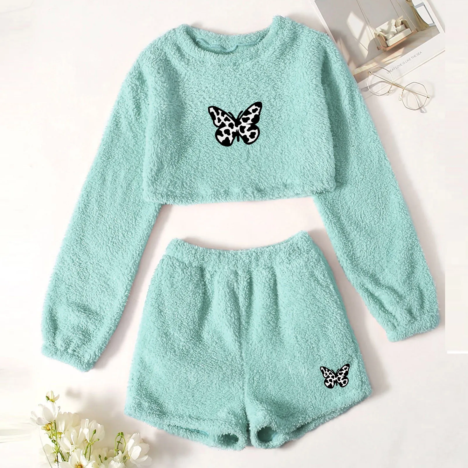 Пижамный комплект Женский мягкий хлопковый пуловер с длинным рукавом круглым