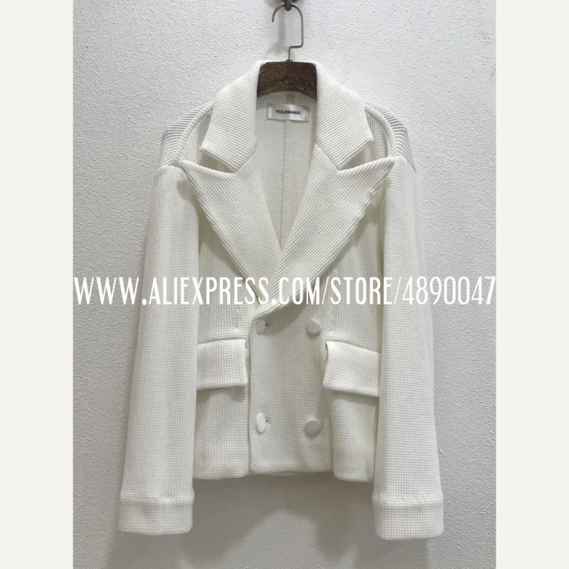

2021 Early Spring Vacation Series Big Lapel White Flash Diamond Double-breasted Blazer Jacket Casual Waffle Check Jacket