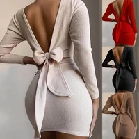 open back bow knot tie up long sleeve bodycon dress women solid low cut mini party dress tc21