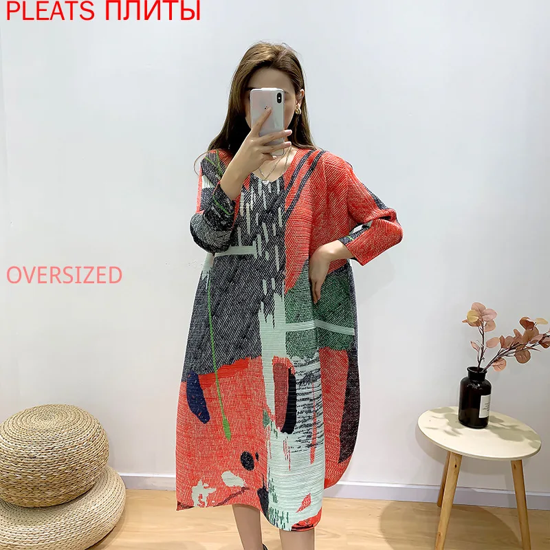

Miyake Folds Temperament large Size Women's 2022 New Spring Loose and Thin Ethnic Style Dress Elegant Vestido
