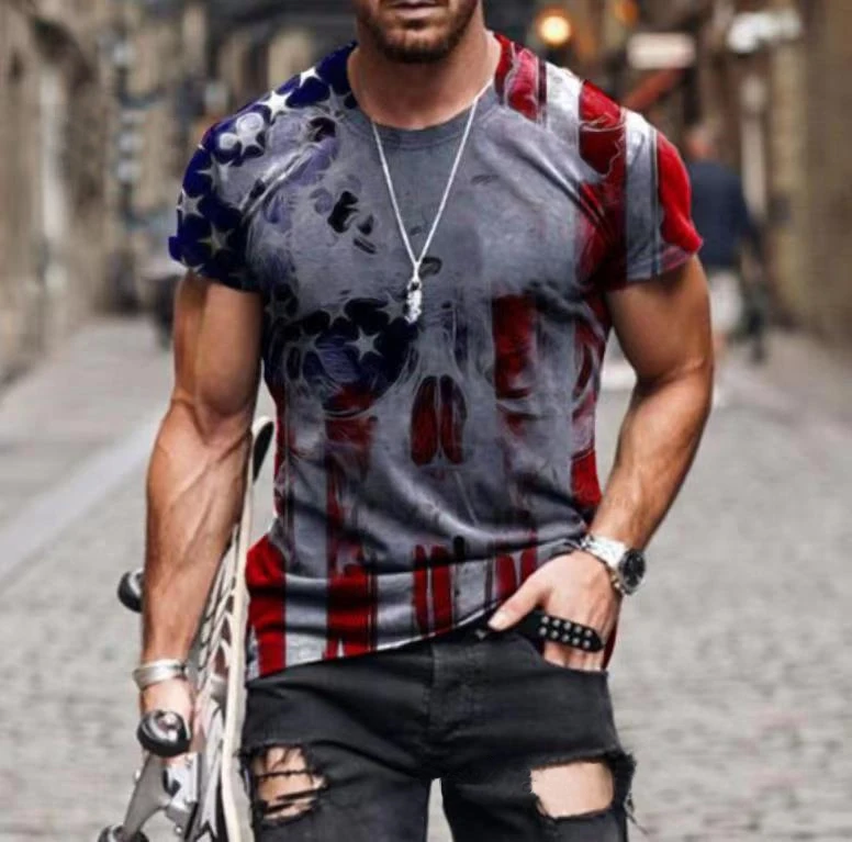 

2021 new personality Stars and Stripes print T-shirt Popular street all-match blouse Men's Hip Hop Funny shirts Oversized tops