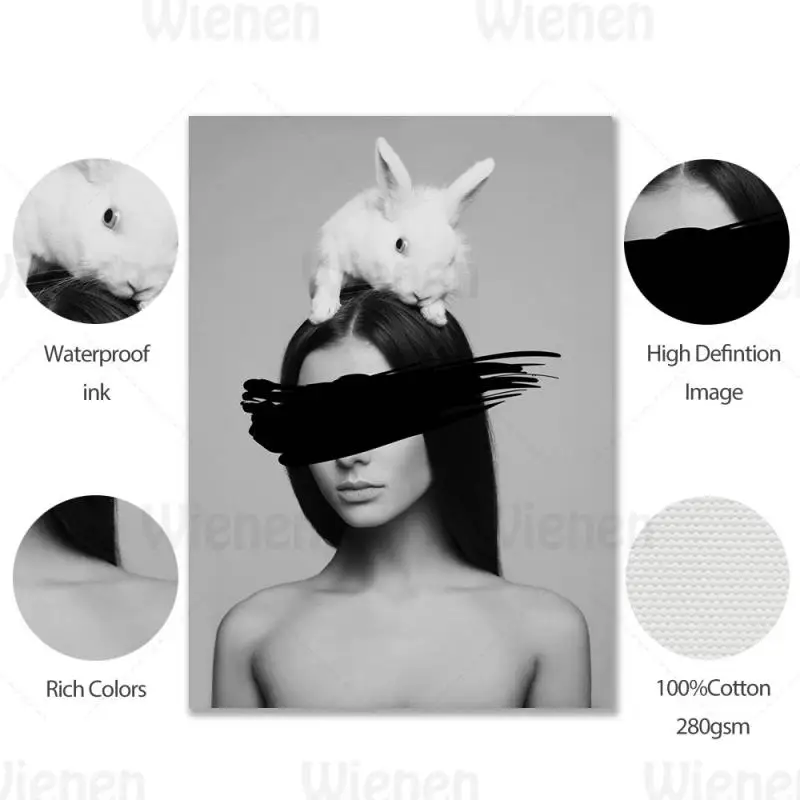 

Modern Photography Print Fashion Black & White Rabbit and Girl Cross Canvas Painting Wall Picture Home Decoration Mural Unframed