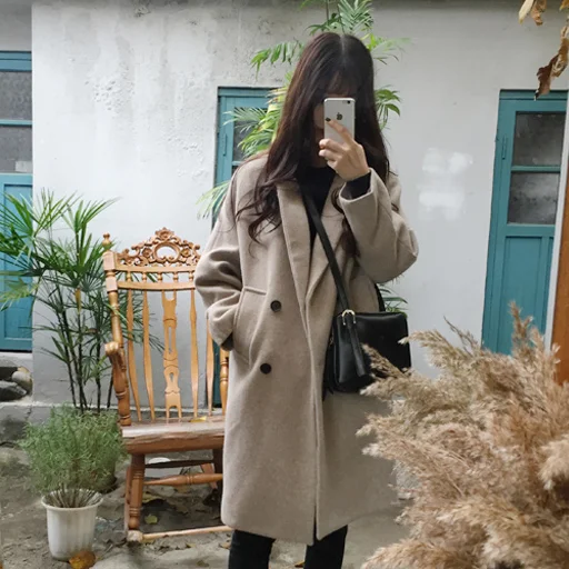 Новинка Женское шерстяное пальто теплое длинный рукав отложной воротник верхняя