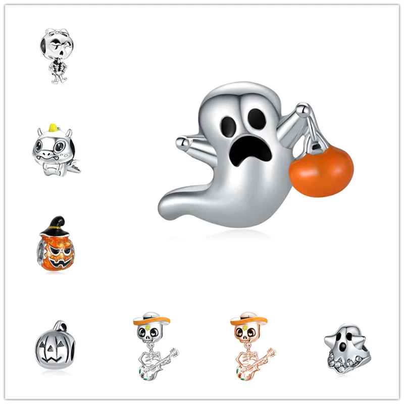 

2021 Halloween Pumpkin Skeleton Cute Ghost Pendant Beads Fit Original Pandora Charms Silver Color Bracelets Women Girl Jewelry
