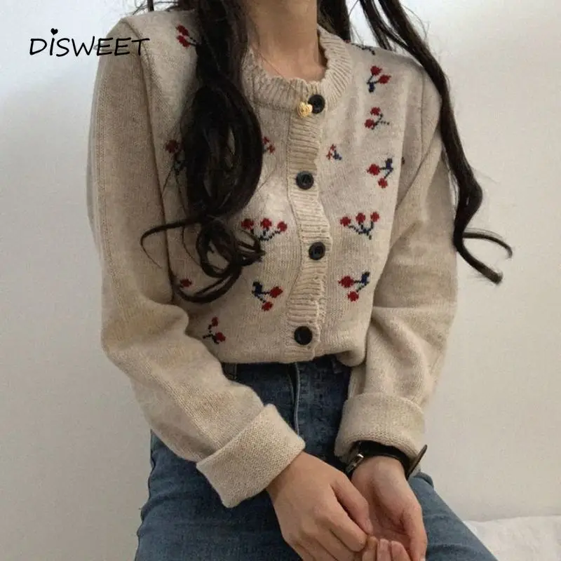 

Вязаный кардиган с принтом, женский корейский однобортный Кардиган с круглым вырезом и длинными рукавами, зимние теплые облегающие Женские...