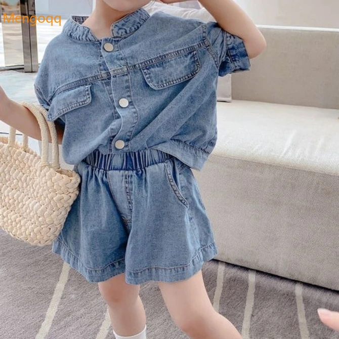 

Модная детская джинсовая одежда для девочек, комплекты с оборками, верх с карманами, короткие брюки, лето-осень, 2 шт.