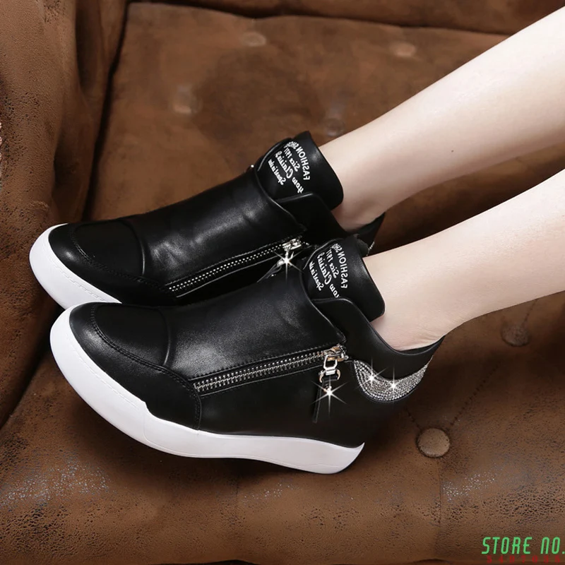 

Women Wedge Sneakers Side Zipper PU Leather Casual Shoes Sequins Thick Bottom White Shoe Women's Internal Heighten Flat Sneaker