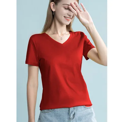 

Summer leisure T-shirt women's solid color T-shirt V-neck 100% cotton gray