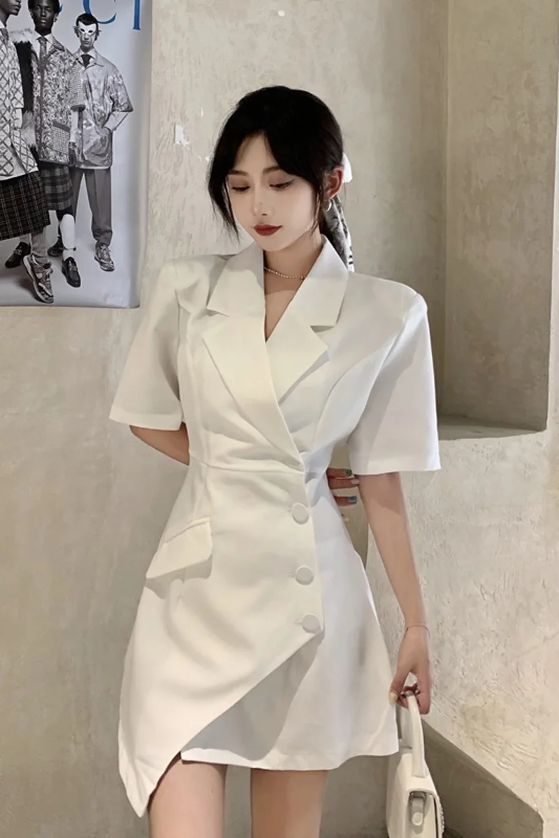 

COIGARSAM Short Sleeve Women Long dress Notched High Waist Dresses White Black 0733
