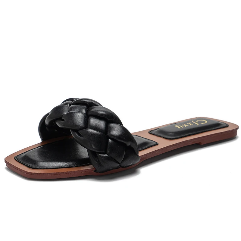 

Brand Designer Woven Slippers Women 2021 New Summer Flat Sandals Women Square Toe Slip On Slides Leather Ladies Flip Flops 42
