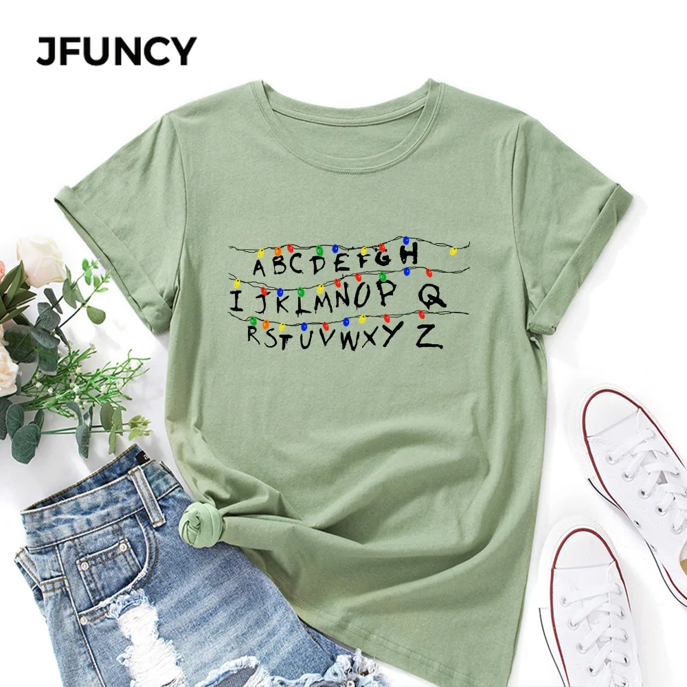 JFUNCY 5XL  T-shirt Women Cotton Tee O-Neck Short Sleeve Tops Creative Letter Print Oversize Female Summer Loose Shirt