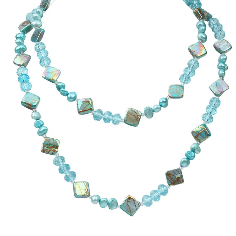 

Free shipping Unique design women long crystal shell baroque real natural pearl freshwater sky blue jewelry necklace